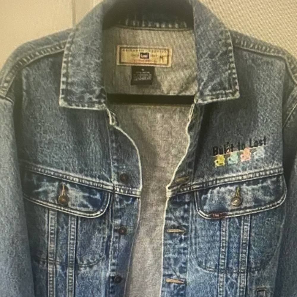 Vintage Lee Riders Denim Trucker Jean Jacket Womens SZ M Embroidered Beach Chair